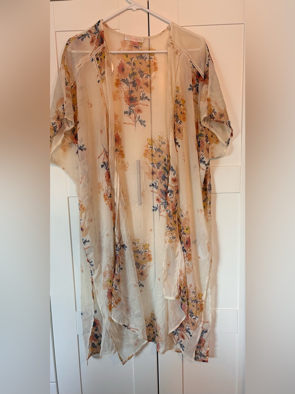 Band of Gypsies Cream Floral Sheer Kimono with Yellow & Blue Accents